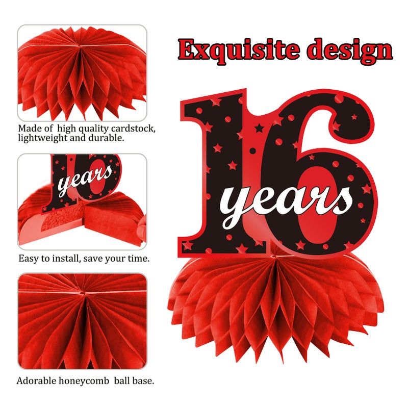 Parfundg Red Black 16th Birthday Decorations Table Honeycomb Centerpieces  8Pcs Happy 16 Year Old Birthday Table Topper Party Supplies for Boys Girls  Sixteen Birthday Table Centerpiece Decor - Image 5